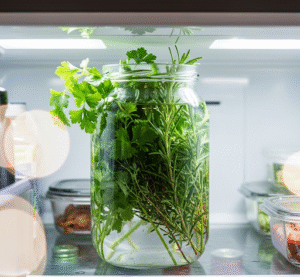 herbs in jar of water in fridge photo