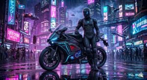 Yamaha electric sportbike parked in neon-lit cyberpunk city street, glowing reflections on wet road, futuristic skyscrapers, holographic billboards, rider in futuristic helmet, moody cinematic lighting, ultra realistic, 4K detail